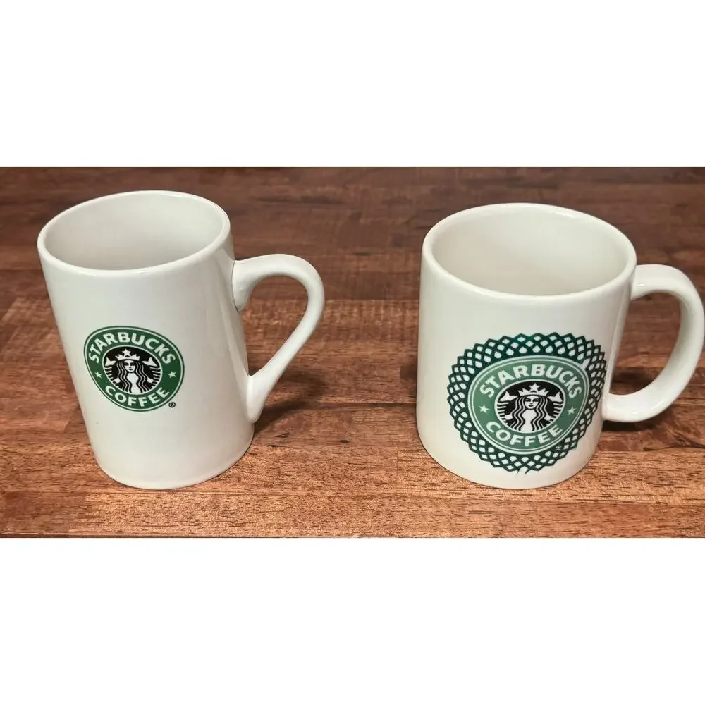 Two Starbucks White with Classic Mermaid 2006-2008 Coffee Cup Mugs 10oz & 12oz
